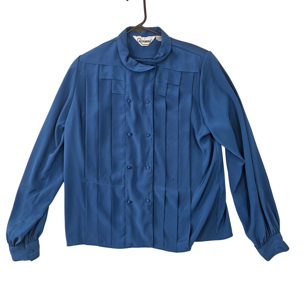 Alexandria‎ Vintage Blue Pleated Double Breasted Mock Neck Blouse Long Sleeve